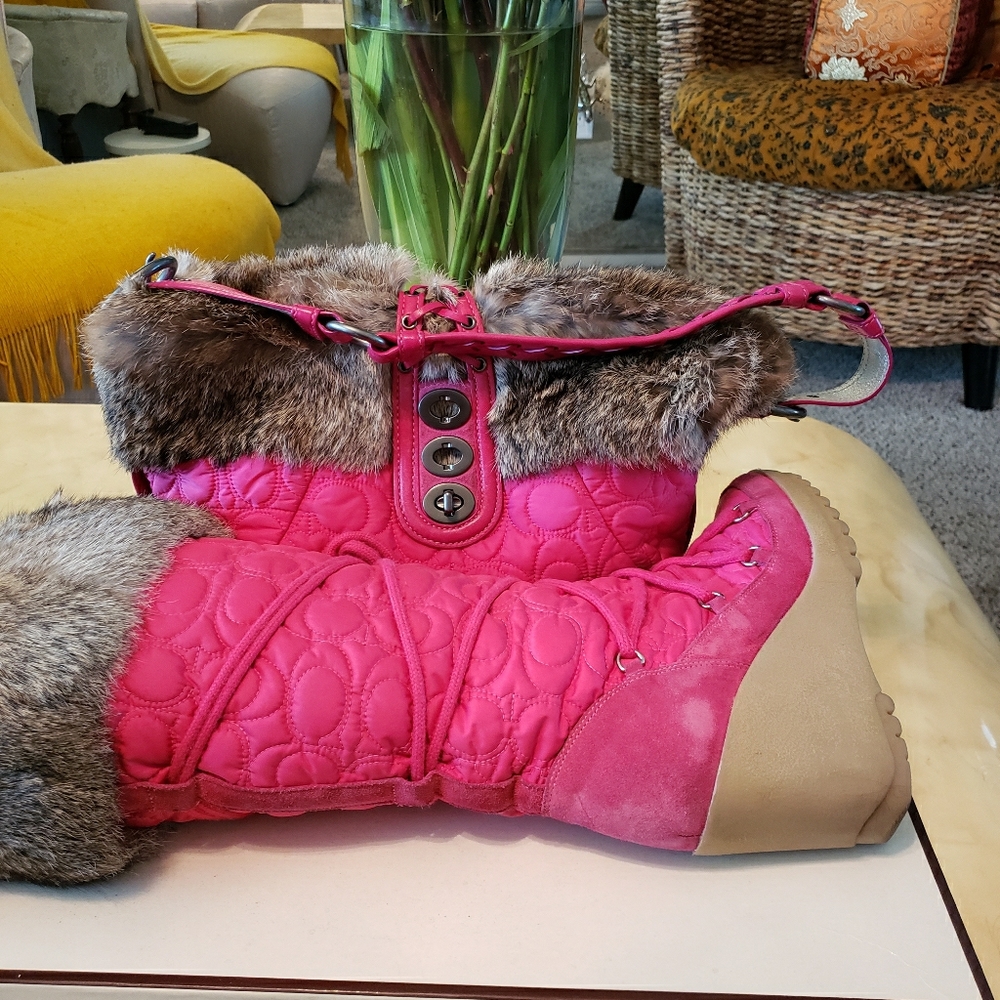 Coach Fur Boot and Purse set (Fuschia Pink)